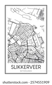 Printable downtown road map poster of the Dutch city of SLIKKERVEER on solid white background with city name