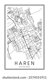 Printable downtown road map poster of the Dutch city of HAREN on solid white background with city name