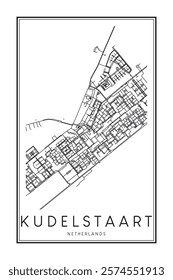 Printable downtown road map poster of the Dutch city of KUDELSTAART on solid white background with city name