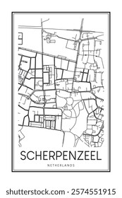 Printable downtown road map poster of the Dutch city of SCHERPENZEEL on solid white background with city name