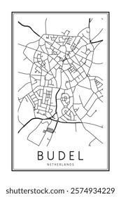 Printable downtown road map poster of the Dutch city of BUDEL on solid white background with city name