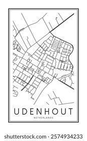 Printable downtown road map poster of the Dutch city of UDENHOUT on solid white background with city name