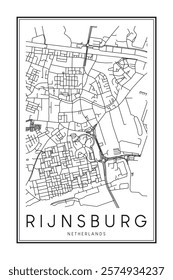 Printable downtown road map poster of the Dutch city of RIJNSBURG on solid white background with city name