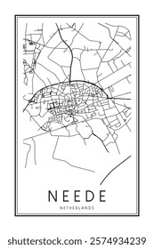 Printable downtown road map poster of the Dutch city of NEEDE on solid white background with city name