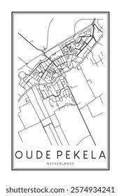 Printable downtown road map poster of the Dutch city of OUDE PEKELA on solid white background with city name