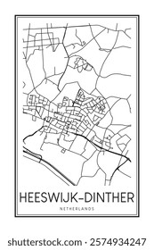 Printable downtown road map poster of the Dutch city of HEESWIJK-DINTHER on solid white background with city name