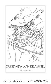 Printable downtown road map poster of the Dutch city of OUDERKERK AAN DE AMSTEL on solid white background with city name