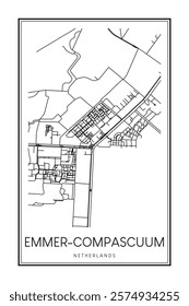 Printable downtown road map poster of the Dutch city of EMMER-COMPASCUUM on solid white background with city name