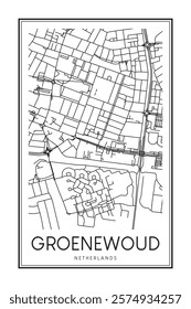 Printable downtown road map poster of the Dutch city of GROENEWOUD on solid white background with city name