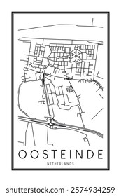 Printable downtown road map poster of the Dutch city of OOSTEINDE on solid white background with city name