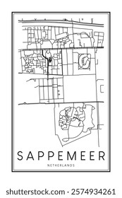 Printable downtown road map poster of the Dutch city of SAPPEMEER on solid white background with city name