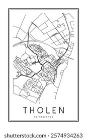 Printable downtown road map poster of the Dutch city of THOLEN on solid white background with city name