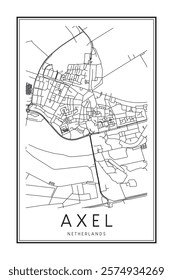 Printable downtown road map poster of the Dutch city of AXEL on solid white background with city name