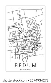 Printable downtown road map poster of the Dutch city of BEDUM on solid white background with city name