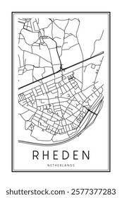 Printable downtown road map poster of the Dutch city of RHEDEN on solid white background with city name