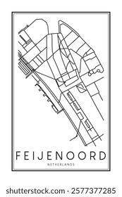 Printable downtown road map poster of the Dutch city of FEIJENOORD on solid white background with city name