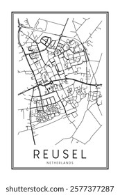 Printable downtown road map poster of the Dutch city of REUSEL on solid white background with city name