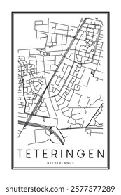 Printable downtown road map poster of the Dutch city of TETERINGEN on solid white background with city name