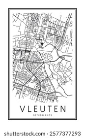 Printable downtown road map poster of the Dutch city of VLEUTEN on solid white background with city name