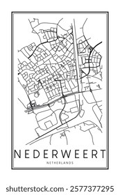 Printable downtown road map poster of the Dutch city of NEDERWEERT on solid white background with city name