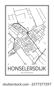 Printable downtown road map poster of the Dutch city of HONSELERSDIJK on solid white background with city name