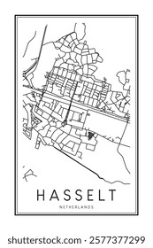 Printable downtown road map poster of the Dutch city of HASSELT on solid white background with city name