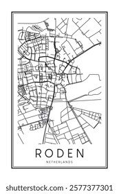 Printable downtown road map poster of the Dutch city of RODEN on solid white background with city name