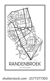 Printable downtown road map poster of the Dutch city of RANDENBROEK on solid white background with city name