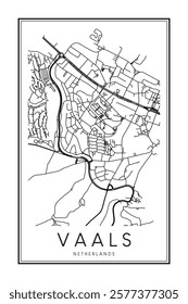 Printable downtown road map poster of the Dutch city of VAALS on solid white background with city name