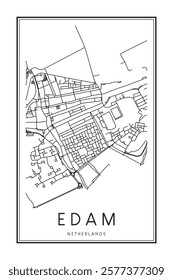 Printable downtown road map poster of the Dutch city of EDAM on solid white background with city name