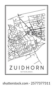 Printable downtown road map poster of the Dutch city of ZUIDHORN on solid white background with city name