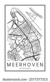 Printable downtown road map poster of the Dutch city of MEERHOVEN on solid white background with city name