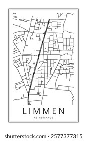 Printable downtown road map poster of the Dutch city of LIMMEN on solid white background with city name