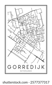 Printable downtown road map poster of the Dutch city of GORREDIJK on solid white background with city name