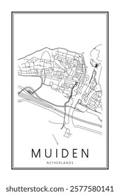 Printable downtown road map poster of the Dutch city of MUIDEN on solid white background with city name