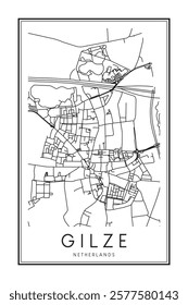 Printable downtown road map poster of the Dutch city of GILZE on solid white background with city name