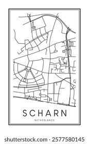 Printable downtown road map poster of the Dutch city of SCHARN on solid white background with city name