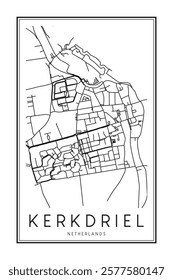 Printable downtown road map poster of the Dutch city of KERKDRIEL on solid white background with city name