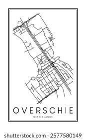 Printable downtown road map poster of the Dutch city of OVERSCHIE on solid white background with city name