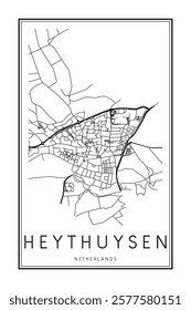 Printable downtown road map poster of the Dutch city of HEYTHUYSEN on solid white background with city name