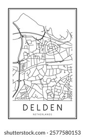 Printable downtown road map poster of the Dutch city of DELDEN on solid white background with city name