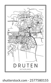 Printable downtown road map poster of the Dutch city of DRUTEN on solid white background with city name