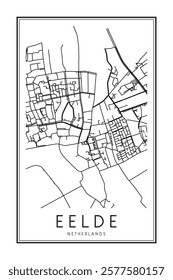 Printable downtown road map poster of the Dutch city of EELDE on solid white background with city name