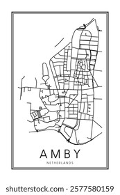 Printable downtown road map poster of the Dutch city of AMBY on solid white background with city name