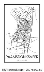 Printable downtown road map poster of the Dutch city of RAAMSDONKSVEER on solid white background with city name