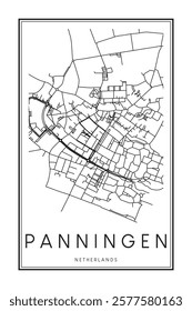 Printable downtown road map poster of the Dutch city of PANNINGEN on solid white background with city name