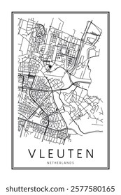 Printable downtown road map poster of the Dutch city of VLEUTEN on solid white background with city name