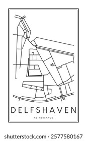 Printable downtown road map poster of the Dutch city of DELFSHAVEN on solid white background with city name