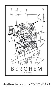 Printable downtown road map poster of the Dutch city of BERGHEM on solid white background with city name