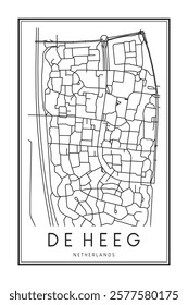 Printable downtown road map poster of the Dutch city of DE HEEG on solid white background with city name